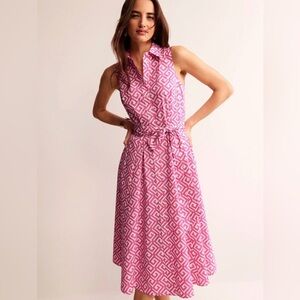 Boden Sienna Shirt Dress Pink White Geometric Sleeveless Tie Waist Cotton US 6R